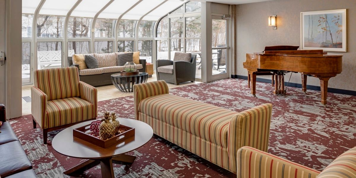A spacious living room with abundant natural light, featuring stylish sofas, a coffee table, and a patterned carpet.