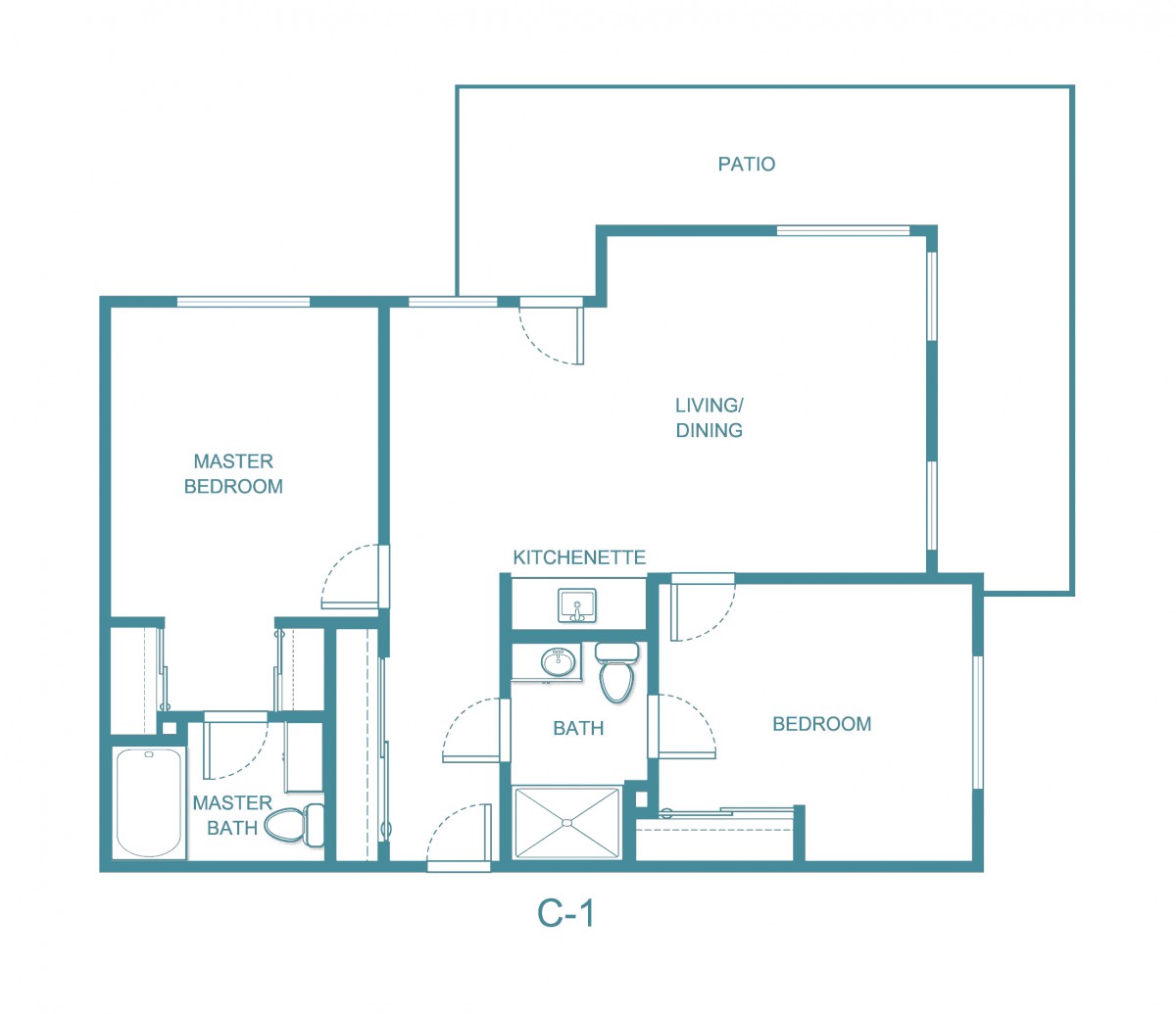 A simple floor plan of an apartment featuring a living room, kitchen, bedroom, and bath.