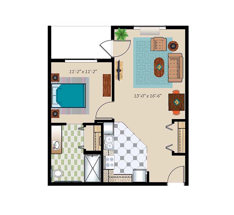 A floor plan of a one-bedroom apartment with a living room, kitchen, and bathroom.