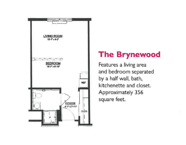 The Brynewood studio apartment floor plan with separate living and bedroom areas, kitchenette, bath, and closet.