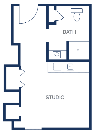 A floor plan of a studio apartment featuring a bathroom and kitchen area.