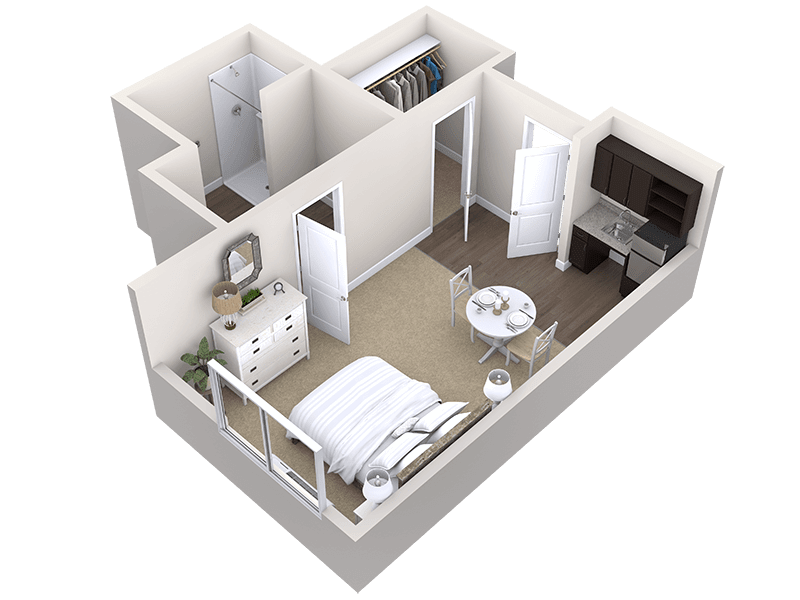 3D floor plan of a studio apartment with a bedroom, kitchen, and bathroom.