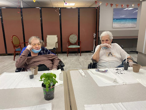 Two elderly individuals enjoying their time together in a care facility.