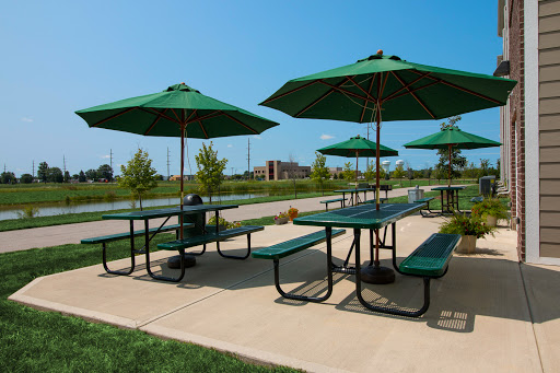 A sunny outdoor picnic area featuring green tables and umbrellas, ideal for relaxation and gatherings.