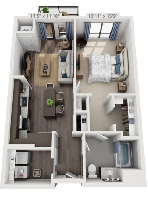 A 3D rendered floor plan of a one-bedroom apartment featuring a living room, kitchen, bathroom, and bedroom.