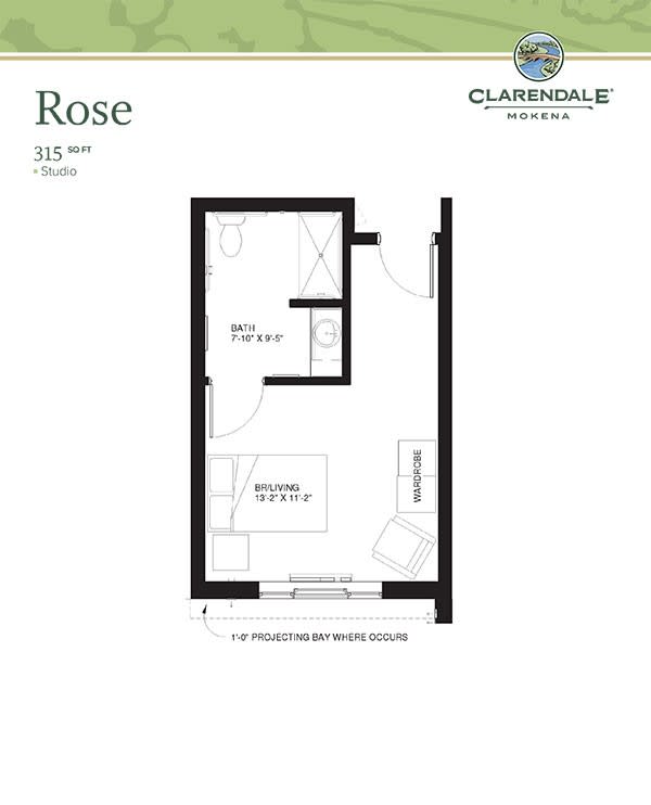 Floor plan of a studio apartment named 'Rose' at Clarendale.