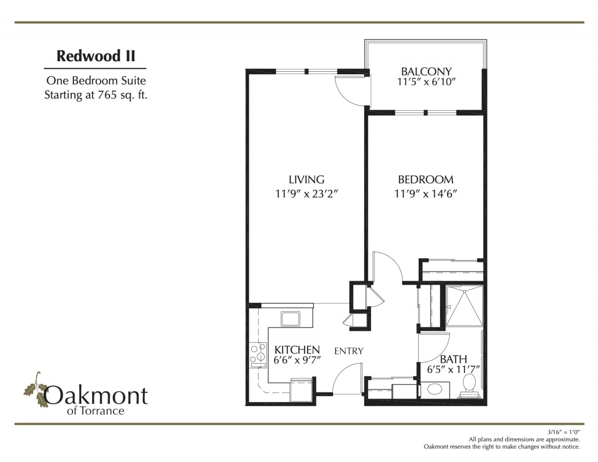 A detailed floor plan of a one-bedroom apartment suite with labeled dimensions.