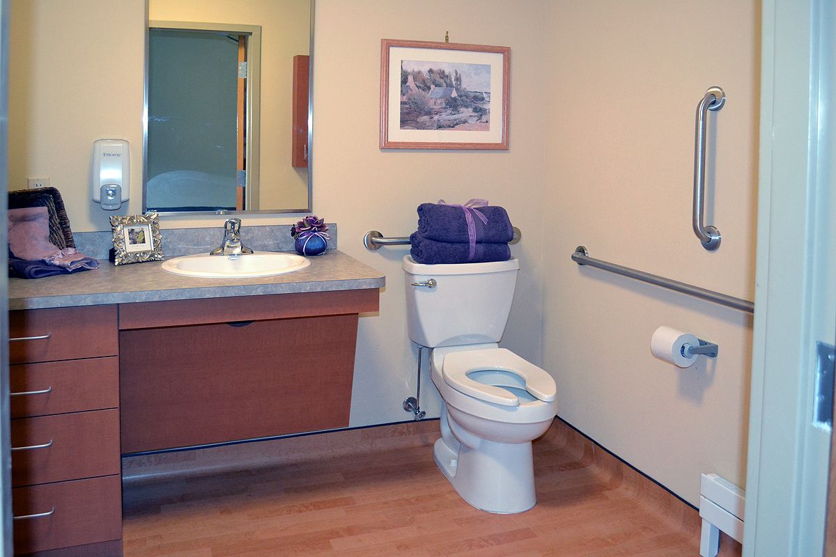 An accessible bathroom with handrails, a toilet, and a sink.