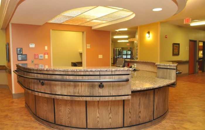 A cozy reception area with a curved counter and warm lighting.