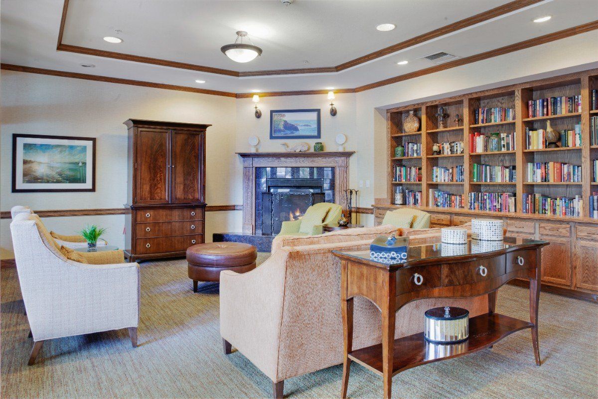 Cozy living room with sofas, a bookshelf, and a fireplace.