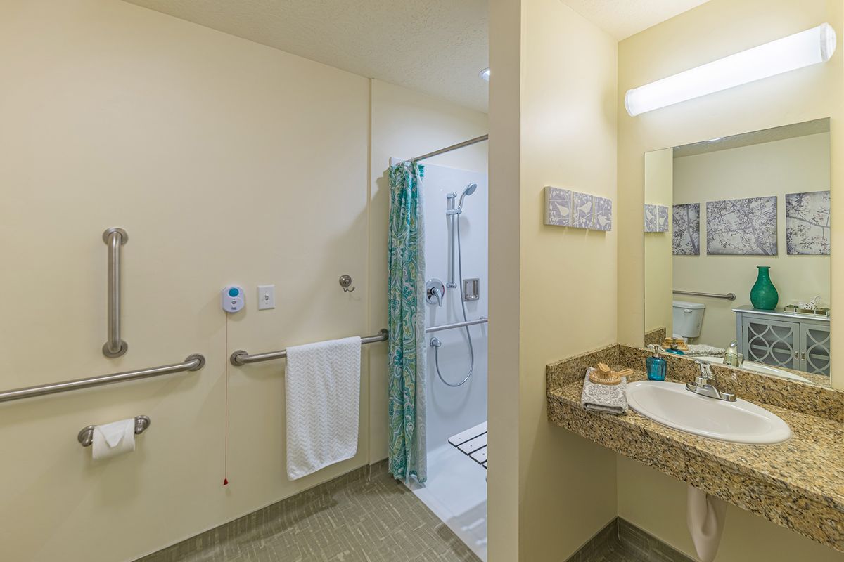 An accessible bathroom with a shower, grab bars, and a sink with a mirror.