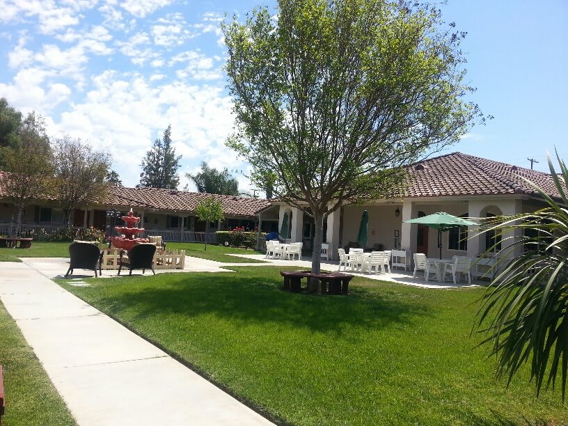 A sunny day in a well-maintained garden area with pathways, trees, and outdoor seating.