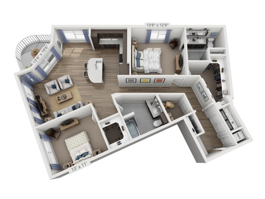 An overhead view of a modern apartment floor plan, showcasing an open concept living and dining area, two bedrooms, and two bathrooms.