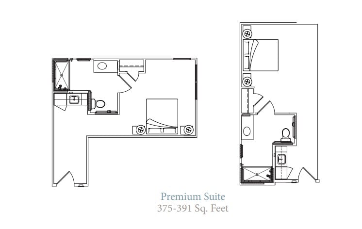 Floor plan of a premium suite measuring 775-791 square feet.