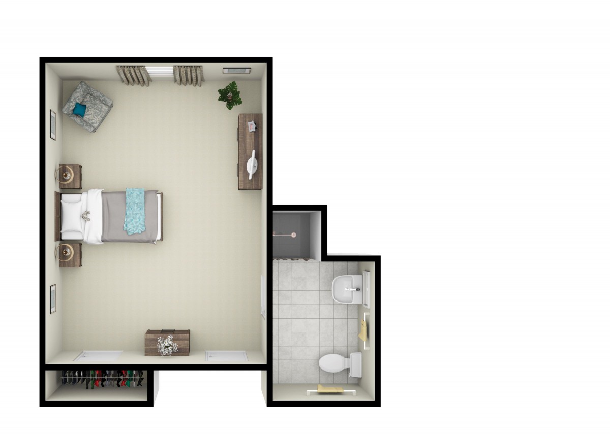 A floor plan of a small apartment with a bedroom and an attached bathroom.