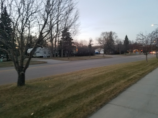 A quiet suburban street lined with trees, captured during the evening.