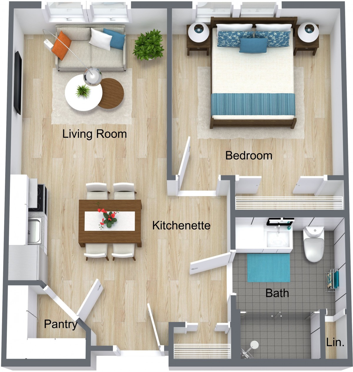 A floor plan of a one-bedroom apartment, featuring a living room, kitchen, bedroom, and bathroom.