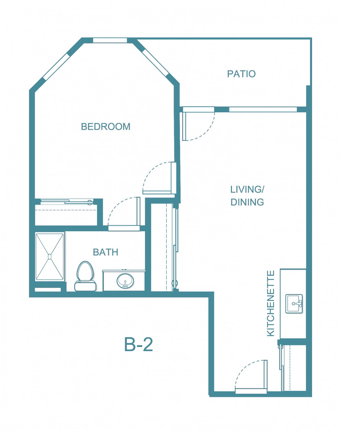 A one-bedroom apartment floor plan featuring a living/dining area, kitchen, bathroom, bedroom, and patio.