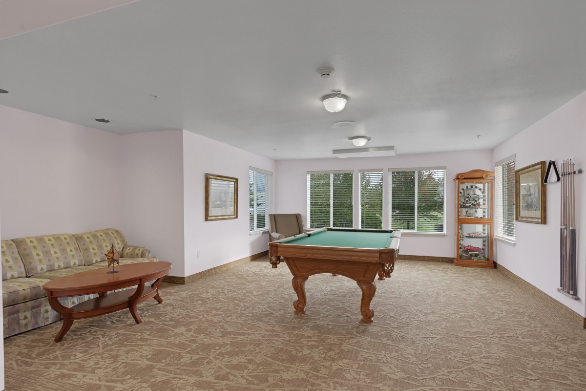 A spacious game room featuring a pool table and comfortable seating with large windows and a ceiling fan.