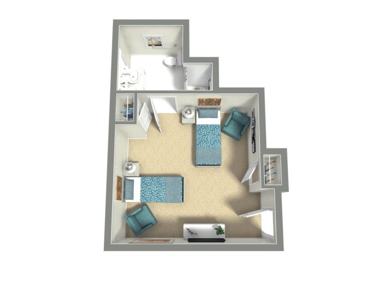A floor plan of a two-bedroom apartment with furniture layout.