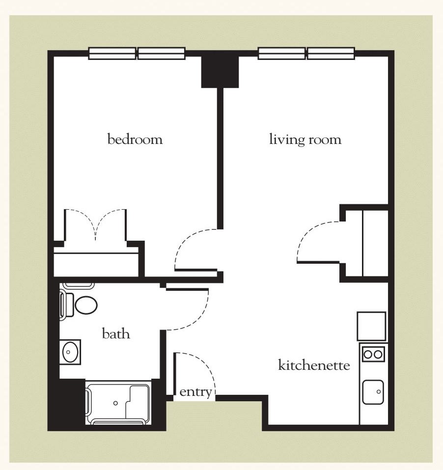 A simple floor plan of a small apartment featuring a bedroom, living room, bathroom, and kitchen.