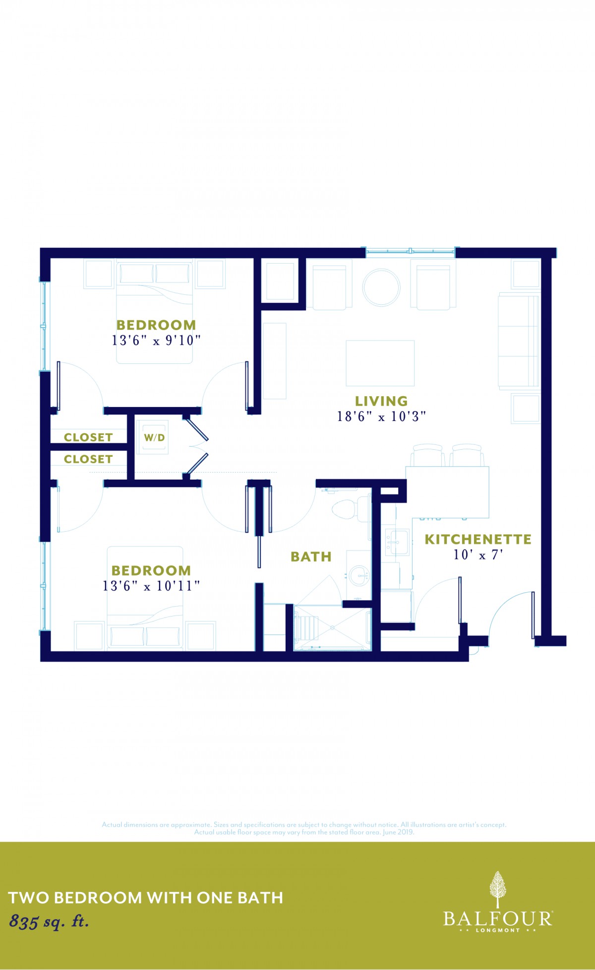 A floor plan showing a two-bedroom apartment layout, including living room, kitchen/dining area, and bathroom.