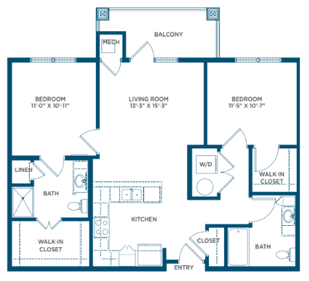 A detailed floor plan of a two-bedroom apartment with labeled rooms and living spaces.