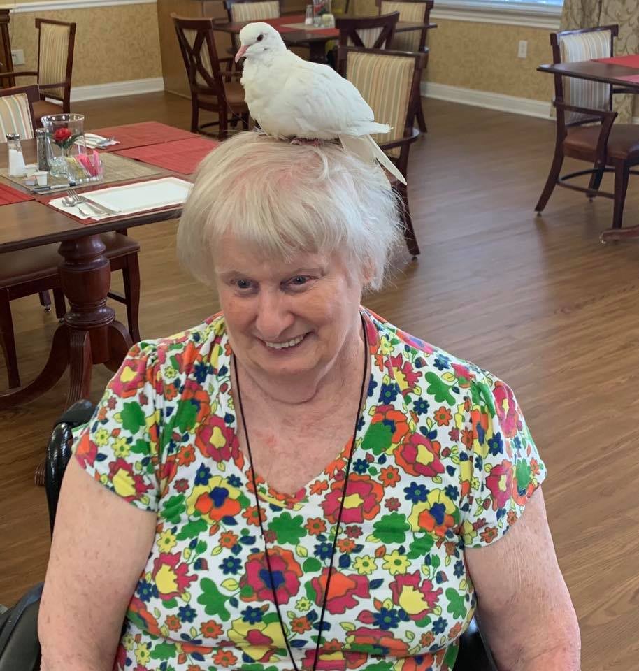 A woman with a dove on her head, smiling indoors while wearing a floral shirt.