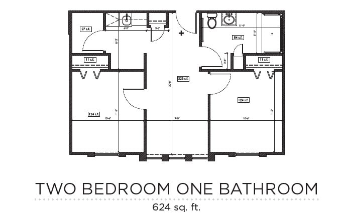 Floor plan of a two-bedroom, one-bathroom apartment with 624 sq. ft.