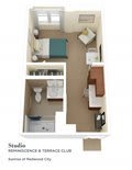 3D floor plan of a compact studio apartment featuring a living area, kitchen, and bathroom.