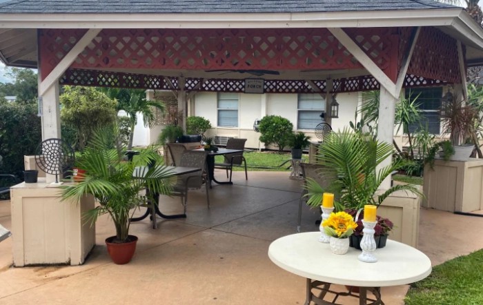 An inviting outdoor patio area with a gazebo, featuring tables, chairs, and lush plants.