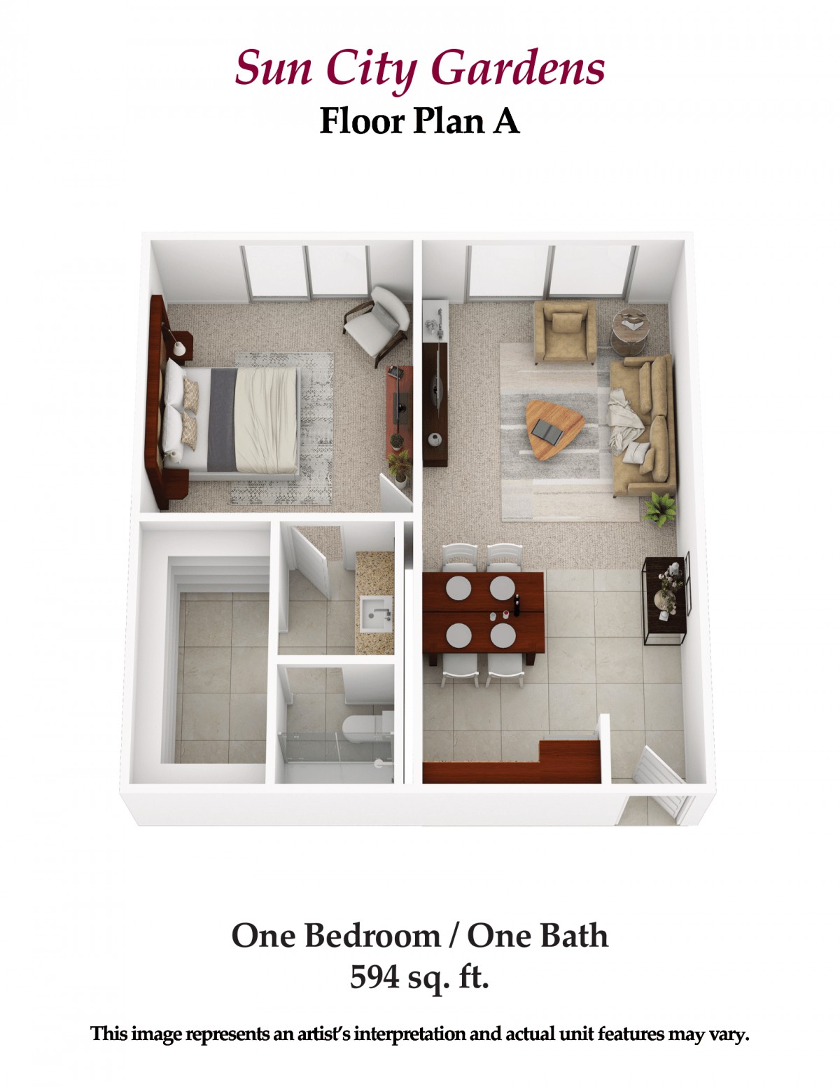 3D floor plan of a one-bedroom, one-bathroom apartment.