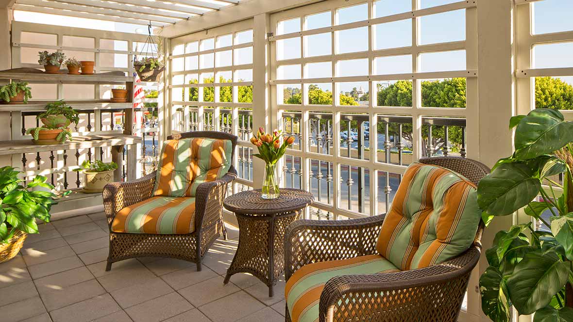 A cozy outdoor patio with wicker armchairs and a small table adorned with a vase of flowers, under a pergola with ample natural light.