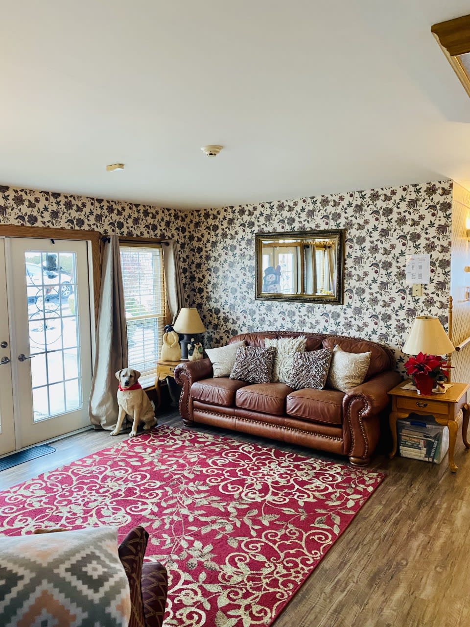 A cozy living room with a brown sofa, patterned wallpaper, and red decorative rug.