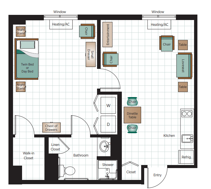 A detailed floor plan of a one-bedroom apartment, showing the layout of rooms and furniture placement.