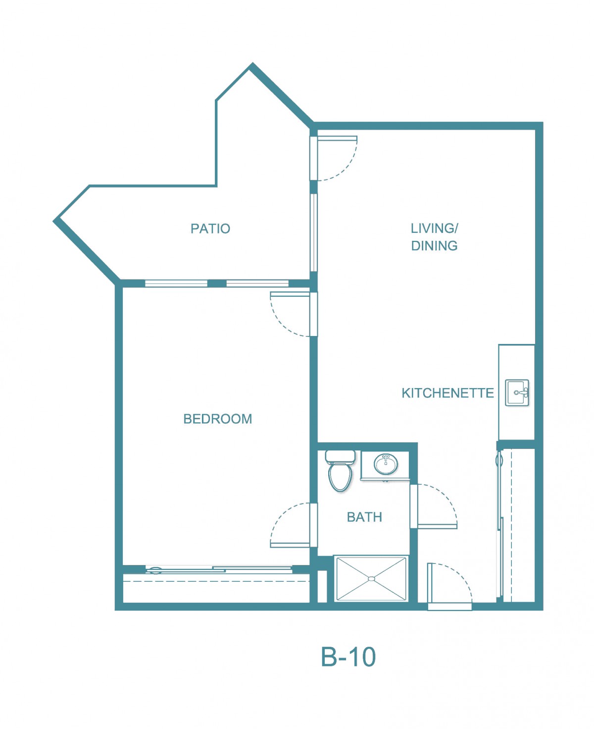 A floor plan for a single-bedroom apartment with designated living and dining areas, kitchen, bath, and patio.
