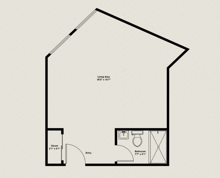 A simple floor plan layout showcasing a single room with designated areas for a closet and bathroom.