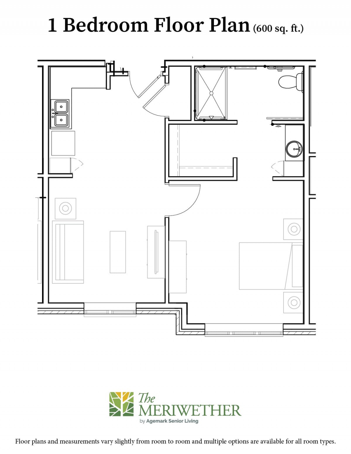 A floor plan of a one-bedroom apartment featuring a living room, kitchen, bathroom, and bedroom.