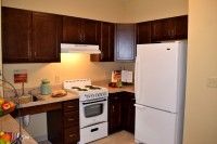 A cozy kitchen featuring dark wooden cabinets, a white refrigerator, and a stove with a countertop workspace.
