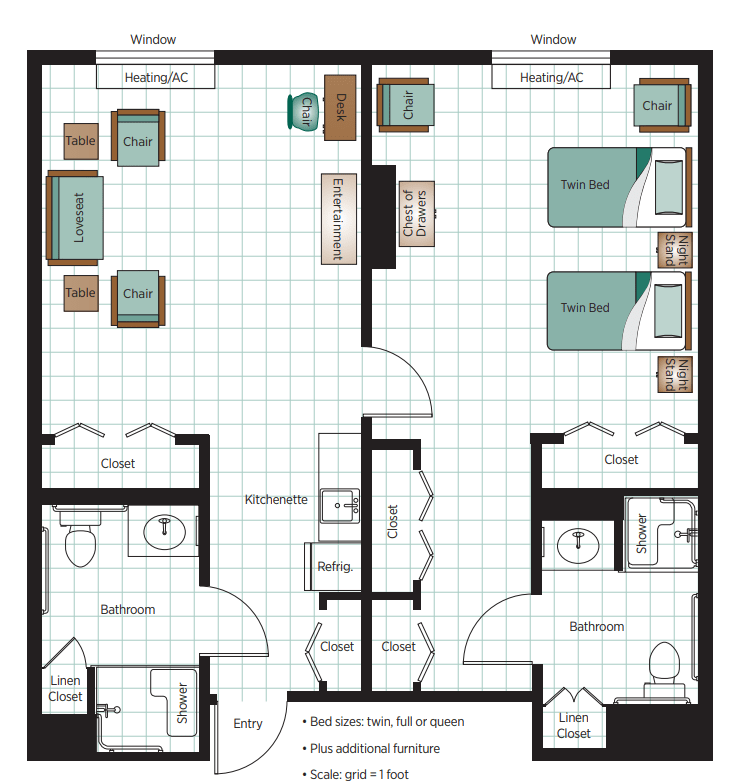 A detailed floor plan of a two-bedroom apartment with separate living areas and bathrooms.