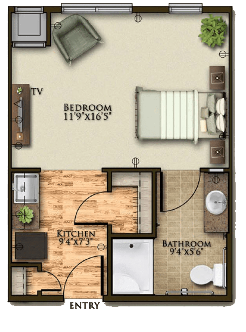 1-bedroom apartment floor plan with kitchen, bathroom, and living area.