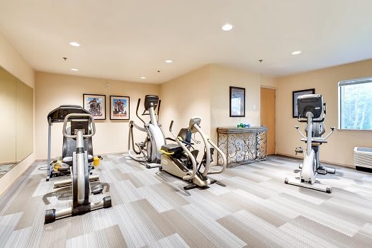 A well-equipped gym with treadmills and elliptical machines.