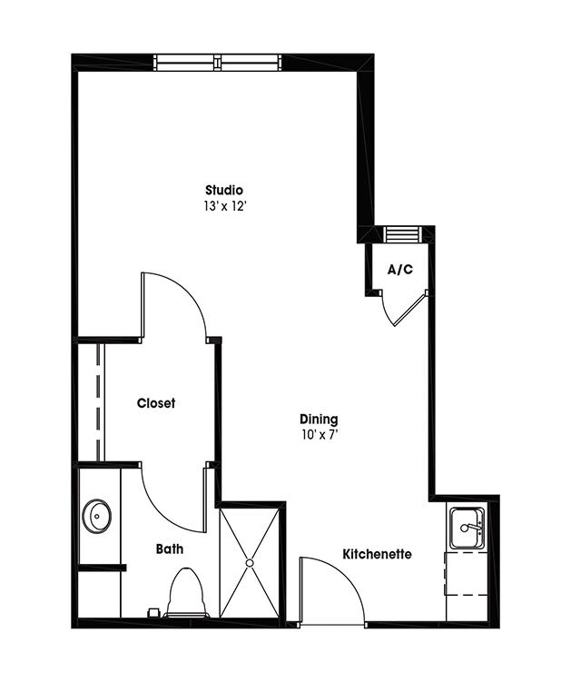 Floor plan of a studio apartment with designated areas for living space, kitchen, and bathroom.