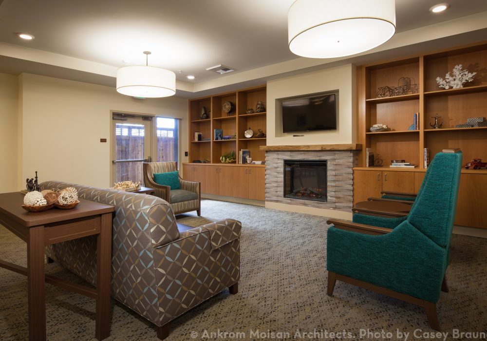 A modern living room with comfortable seating, a fireplace, and built-in bookshelves.