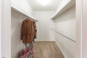 A minimalist walk-in closet with a few hanging clothes on the left.