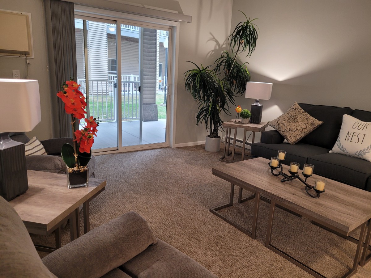 A modern living room with comfortable seating, stylish decor, and a view through sliding doors.