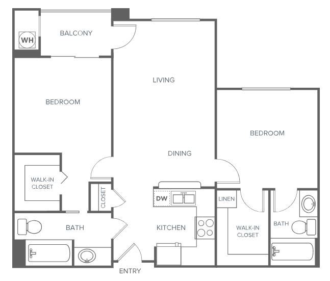 A floor plan of a two-bedroom apartment with a living room, kitchen, bathroom, and balcony.