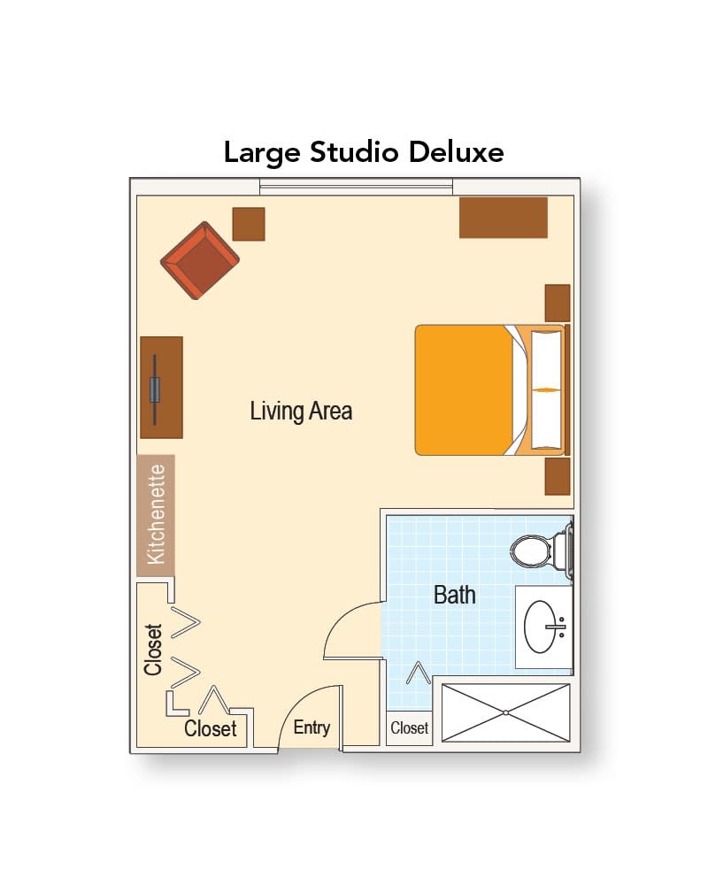 Floor plan of a large studio deluxe showing living area, bed, bath, and closet.
