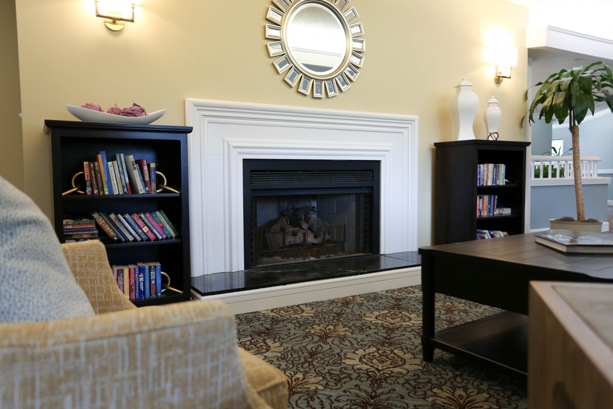 A cozy living room with a fireplace, bookshelves, and comfortable seating.