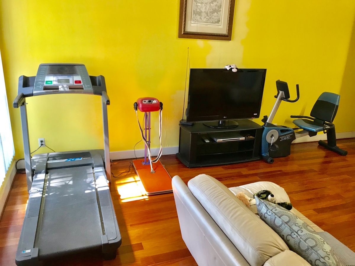 A cozy home gym setup with exercise equipment and a television in a bright living room.